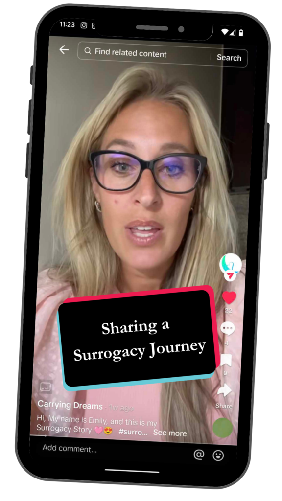 alt="phone display of Emily Westerfield on a tiktok video with ribbon 'Sharing a Surrogacy Journey'"