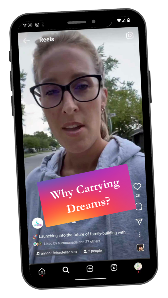 alt="phone display of Emily Westerfield on a Instagram Reel video with ribbon 'Why Carrying Dreams'"