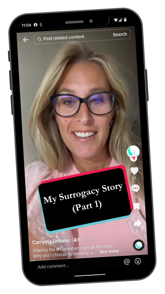alt="phone display of Emily Westerfield on a tiktok video with ribbon 'my surrogacy story'"